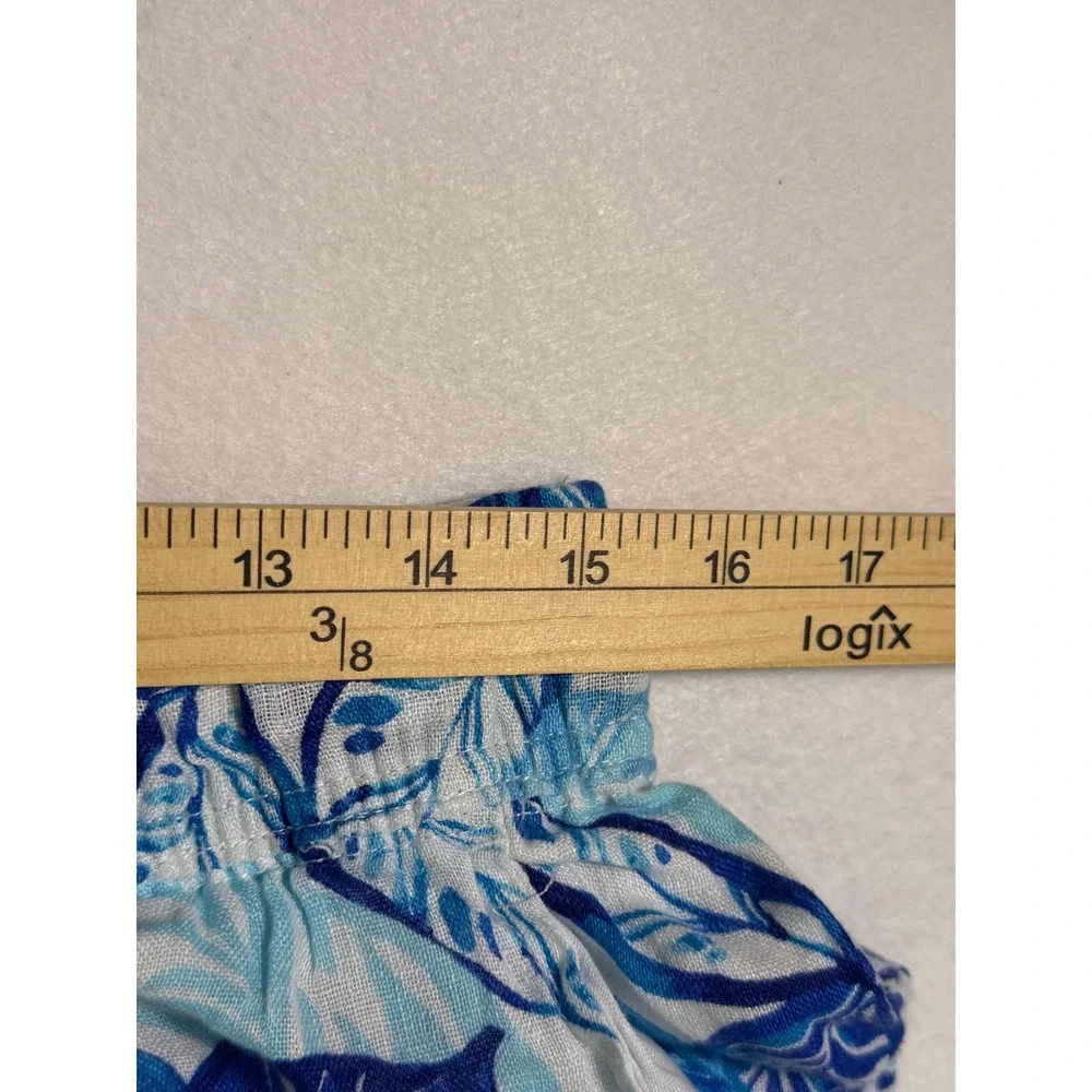 Sigrid Olsen Linen Tropical Leaf Pants Womens L Blue White Elastic Waist Tassel
